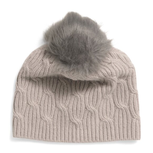 PORTOLANO Wool Blend Cable Knit Beanie With Faux Fur Pom NWT - Picture 2 of 3